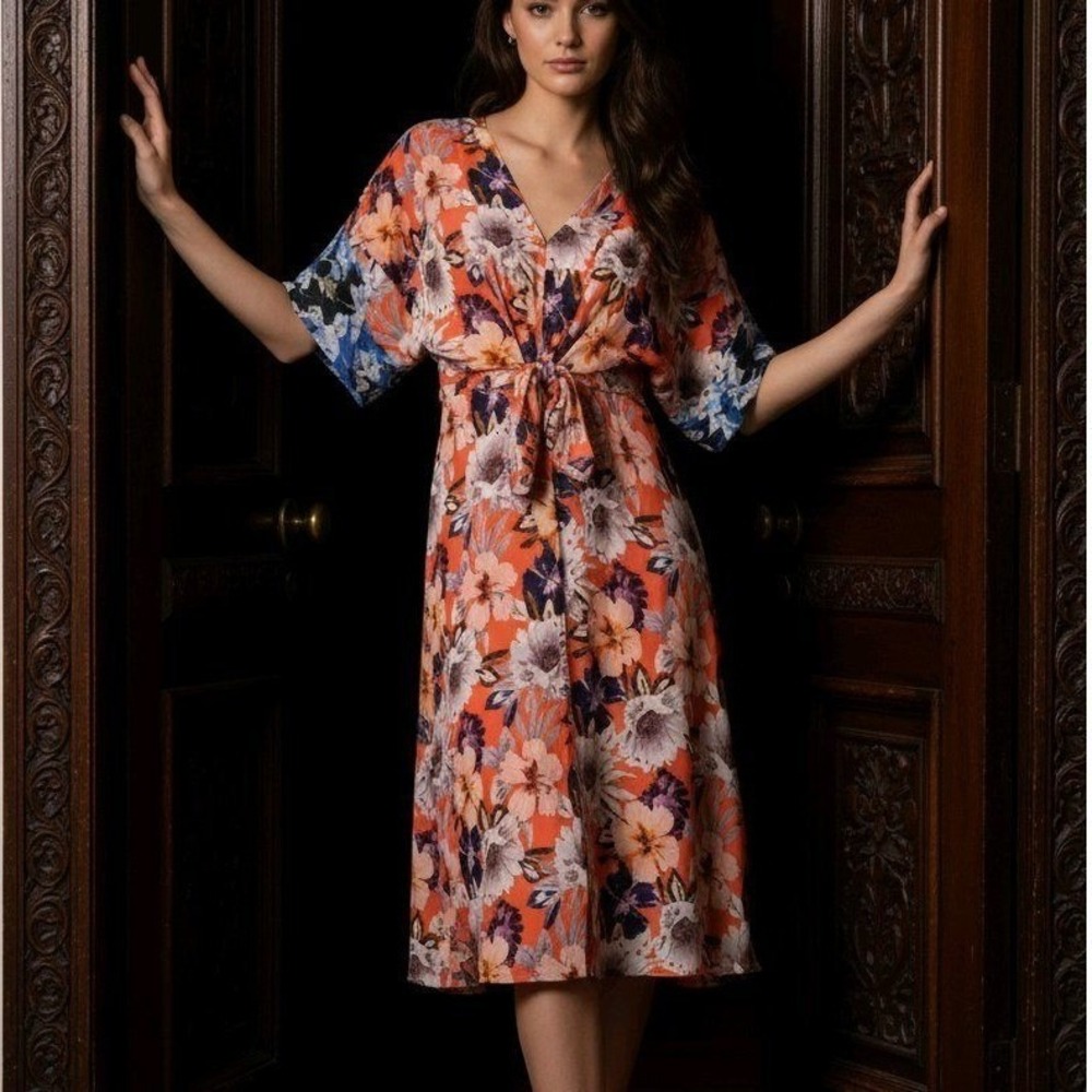 Jade by Johnny Was Dress Orange Floral Rayon Tie Front Boho Midi Small